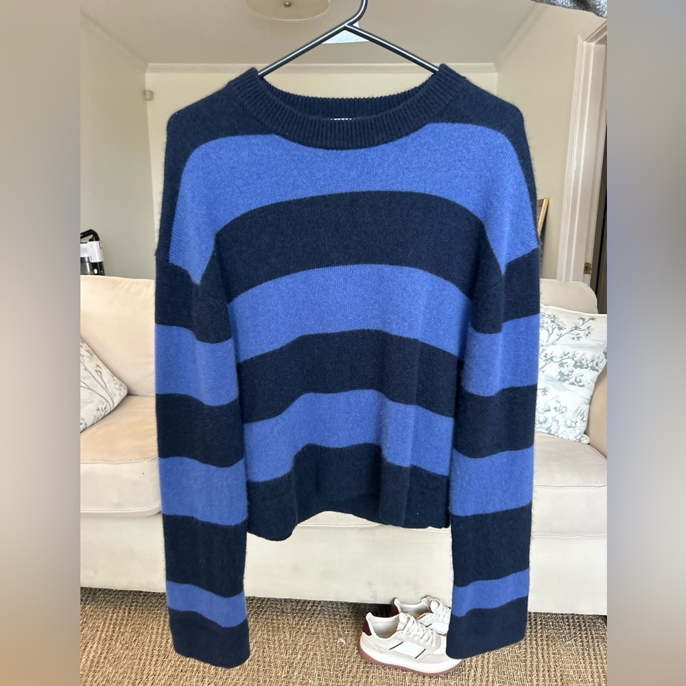 White + Warren Blue and Black Striped Cashmere Sweater